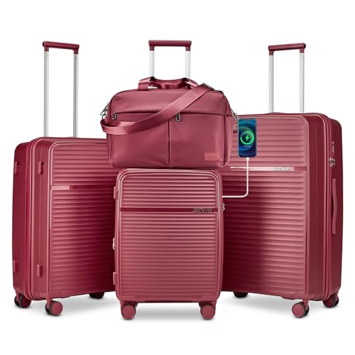 Joyway 3-Piece Expandable Luggage Set in red with USB port, TSA lock, spinner wheels, and lightweight hard shell construction