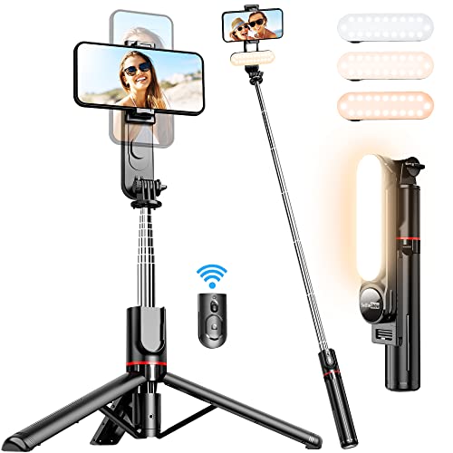 Stable Selfie Stick Tripod with 44-Inch Extendable Reach, Detachable Fill Light, Wireless Remote, and 360-Degree Rotation for iPhone and Smartphones