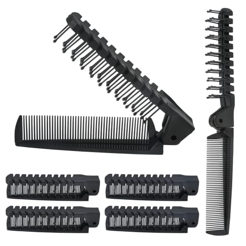 Qjaiune 6PCS Travel Folding Hair Brush and Comb Set – Compact Anti-Static Mini Brushes in Black for Easy Portability and Styling