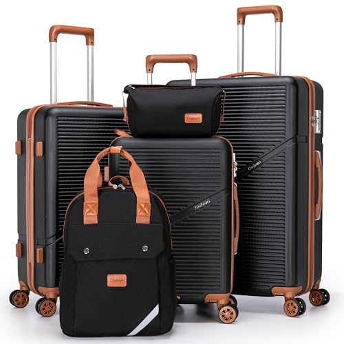 Cosbarn 5-Piece Luggage Set featuring a durable ABS hard shell, TSA-approved lock, and smooth spinner wheels, including a 28-inch large suitcase