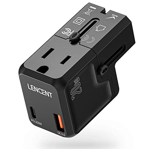 Compact LENCENT International Travel Adapter with 20W PD fast charging, dual USB ports, and worldwide plug compatibility for 220+ countries. 