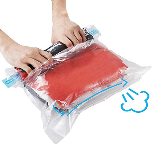 KFYM 10-pack vacuum travel space saver bags in various sizes for clothes, towels, and blankets, roll-up compression, no pump needed, perfect for travel and storage