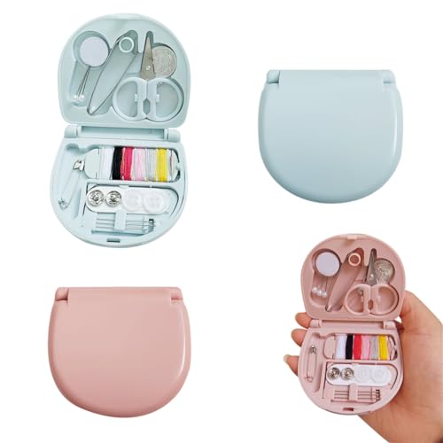 Heart-shaped mini sewing kit in light pink and light blue, including essential sewing tools for travel and quick repairs. Compact and portable for easy use on-the-go