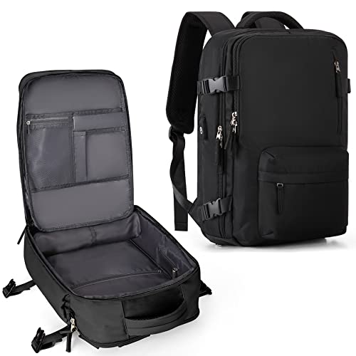 Large Travel Backpack in black with features including a waterproof design, USB charging port, separate shoe compartment