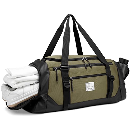 Green 40L travel duffle bag with separate shoe compartment and wet pocket. Features include a large main pocket, inner mesh pocket, front zipper pocket, and detachable shoulder strap. Ideal for gym, weekend trips, and overnight stays. Durable and waterproof construction.