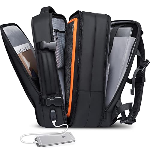 BANGE 35L Expandable Travel Backpack in black with USB charging port, waterproof laptop compartment