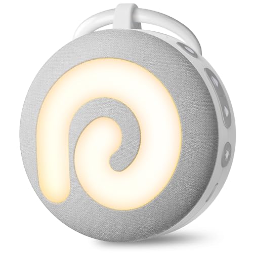 Dreamegg D11 Portable Sound Machine in white, showcasing its compact design, adjustable night light, and a variety of soothing sounds