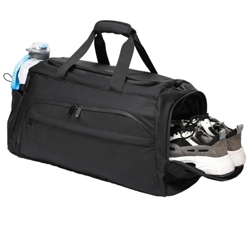 60L duffel bag with multiple compartments including a laptop sleeve, shoe compartment, wet compartment, and water bottle holders. Waterproof and durable construction with a sleek black design. Ideal for gym, travel, and various activities.