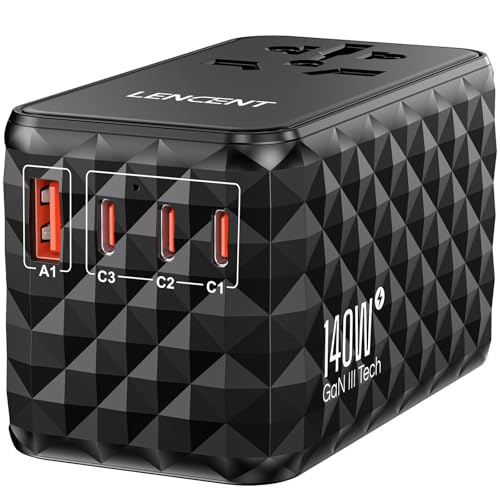 140W Universal Travel Adapter with GaN Technology, 1 USB-A and 3 USB-C Ports for Fast Charging, Compatible with Plugs for USA, UK, EU, and AUS