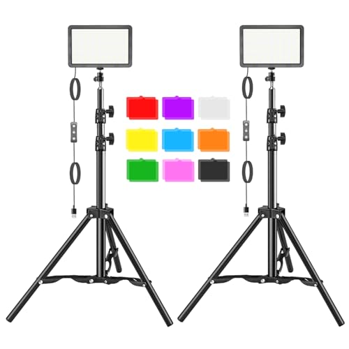 Hagibis LED Video Light Kit featuring two adjustable light panels with 18 color filters, 360° rotating heads, and USB power. Includes adjustable tripod stands for versatile photo and video lighting