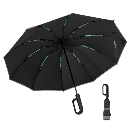 TradMall Inverted Umbrella in black with reflective stripe, shown closed, highlighting its compact, windproof, and reverse folding design ideal for travel