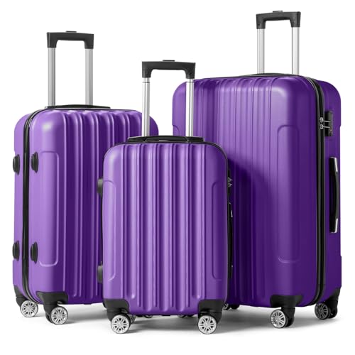 Three-piece hardside luggage set in purple with spinner wheels and TSA lock, showcasing the durable ABS material and stylish design