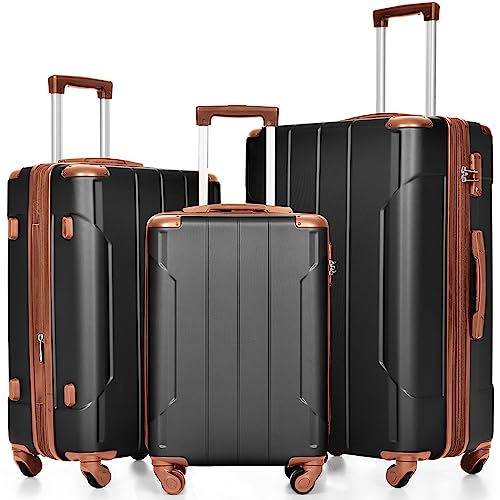 Merax 3-piece black and brown luggage set with 360° spinner wheels and TSA lock, ideal for stylish and secure travel