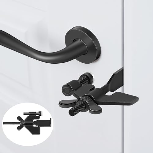 Black portable door lock made of stainless steel, designed for enhancing security and privacy in hotels, dorms, and homes. Features a compact, travel-friendly design with easy installation and a storage bag.