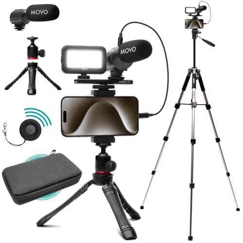 Complete Movo Vlogging Kit for iPhone 15 with shotgun mic, LED light, and tripods for professional content creation.