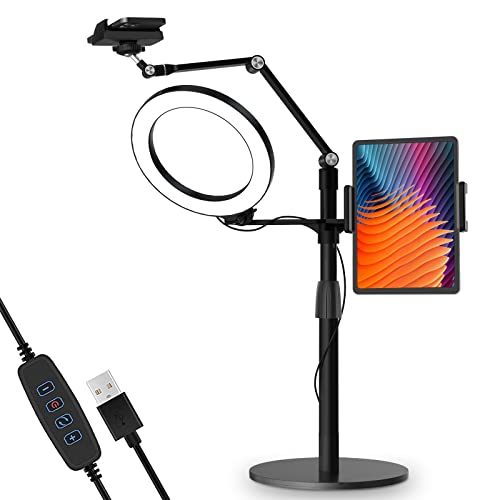 Viozon 3-in-1 Selfie Desktop Stand with Adjustable Height, 8-Inch LED Ring Light, and Universal Holders for Tablets and Phones - Perfect for Vlogging and Streaming