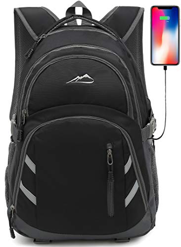 ProEtrade black multi-compartment backpack with USB charging port and anti-theft pocket, designed for travel and college students, fits 15.6-inch laptop