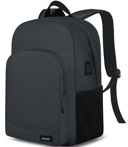 BIKROD Black Backpack with USB Charging Port, featuring spacious compartments for a 15.6-inch laptop, durable material, and ergonomic design, ideal for school, work, and travel