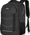 Durable USB Charging Backpack in black featuring multiple compartments, a water-resistant fabric, built-in USB port, and anti-theft pocket.