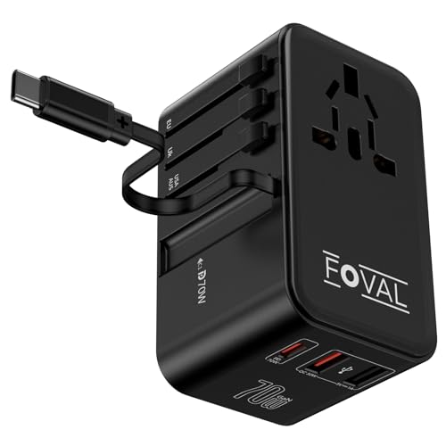 Compact 70W universal travel adapter with retractable USB-C cable, featuring 1 USB-C port, 2 USB-A QC ports, and 1 universal AC outlet. Suitable for international use with built-in plug types for Europe, the UK, the US, and Australia. Includes advanced safety features and a compact design for easy travel.