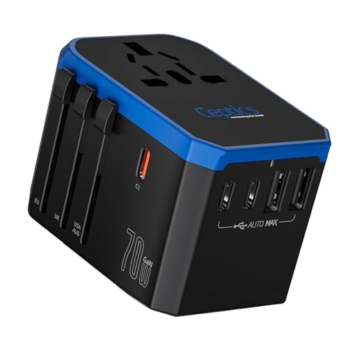 Compact 70W universal travel plug adapter featuring GaN technology with retractable USB-C cable, multiple USB ports (including PD and QC 3.0), and 4 plug types (Type A, I, C, G) for global use. Includes advanced safety features and a versatile design for charging multiple devices simultaneously.