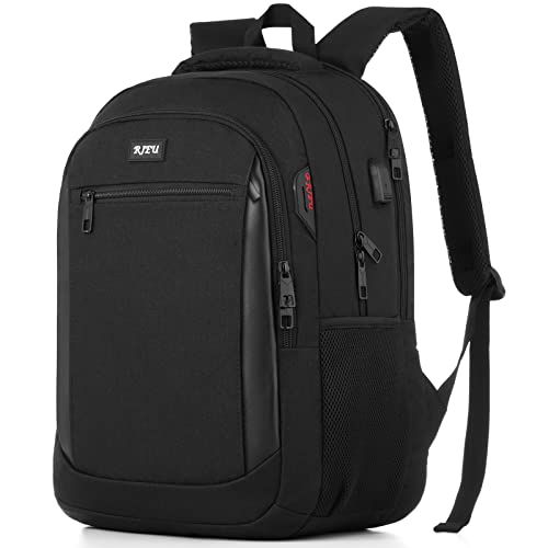 Versatile Laptop Backpack with luxury leather accents and USB charging port, designed for 15.6-inch laptops. This water-resistant backpack features a hidden front pocket