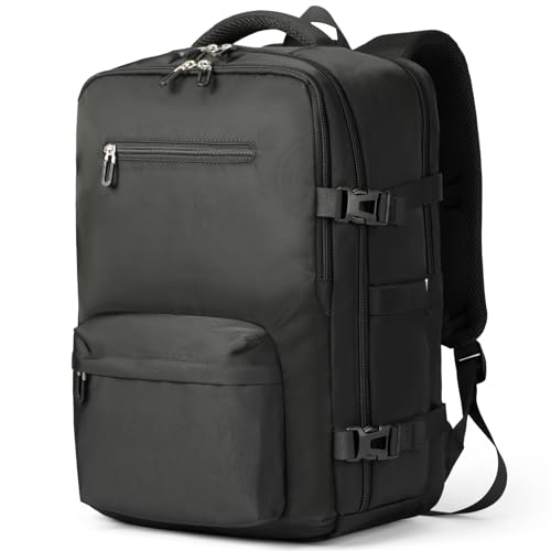 Large SHRRADOO travel laptop backpack with multiple compartments, water-resistant material, and 180-degree zipper, designed for comfort and airline approval