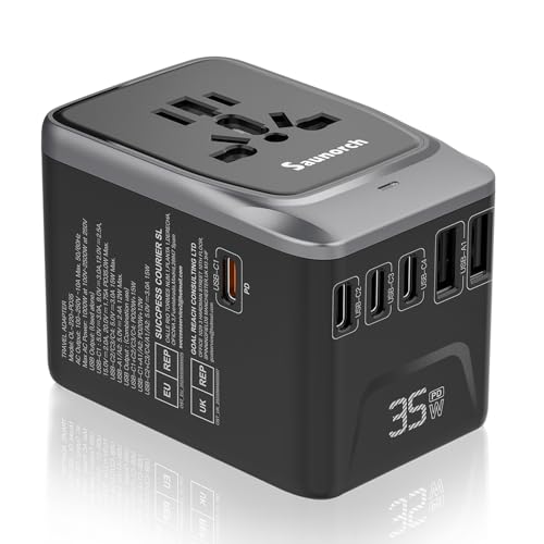 Universal Travel Adapter with 7-in-1 Functionality – PD 35W Fast Charging, 4 USB-C and 2 USB-A Ports, Worldwide AC Outlet for US, EU, UK, AUS. 