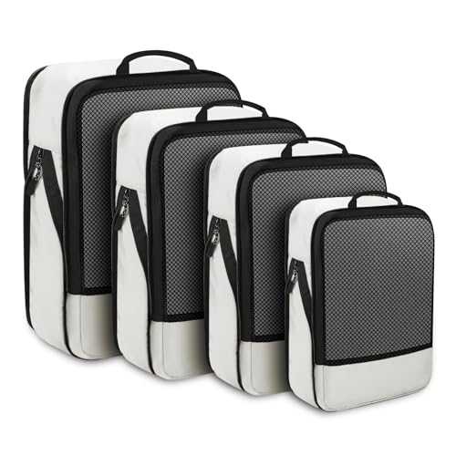 4-Piece Set of Beige Compression Packing Cubes – Lightweight, Durable Travel Organizers for Efficient Luggage Packing