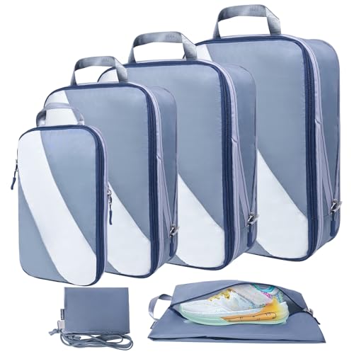 Set of 6 PFEYRPK Compression Packing Cubes in gray with breathable mesh and shoe bags, designed for travel organization and luggage efficiency