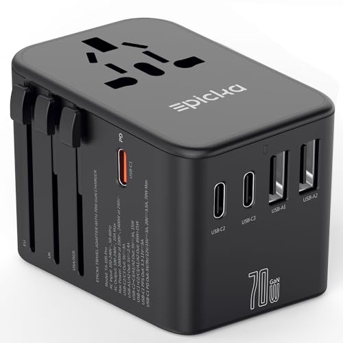 Universal Travel Adapter with 70W GaN fast charging capabilities, featuring 3 USB-C ports, 2 USB-A ports, and multiple plug types for global use. Compact and portable, ideal for international travel.