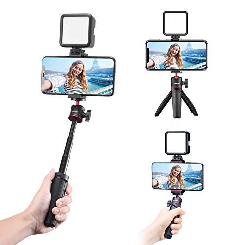 Smartphone Vlogging Kit featuring adjustable handle grip, mini tripod, and dimmable LED light, perfect for YouTube and TikTok content creation. 