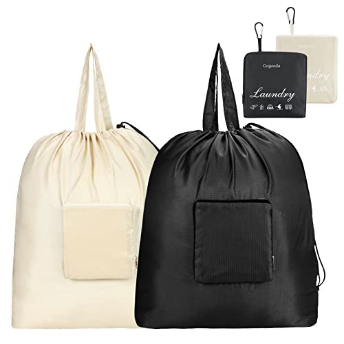 Two XL large travel laundry bags in black and beige, featuring a drawstring closure and a front pouch with a zipper, designed for heavy-duty use and easy storage