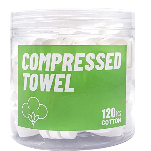 120 Pcs Compressed Towels, compact coin-sized towels that expand to 8.7 x 9 inches when wet. Ideal for travel, camping, and home use. Made from durable non-woven fabric, easy to carry and store