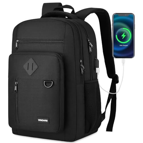 WINDARS Backpack – Black Lightweight School Bag with USB Charger, Waterproof Fabric, and Ergonomic Design for Men and Women