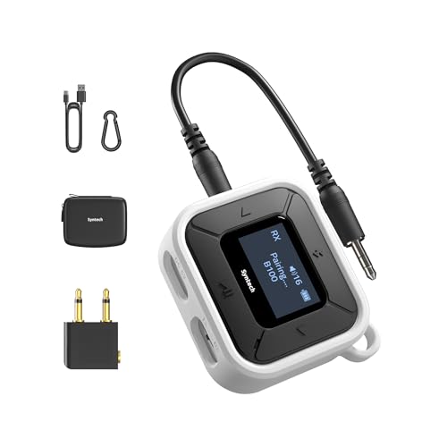 Compact Syntech Bluetooth 5.3 Transmitter Receiver with LED display, dual pairing, and extra 3.5mm AUX adapter for seamless connectivity with AirPods, TVs, airplanes, and cars