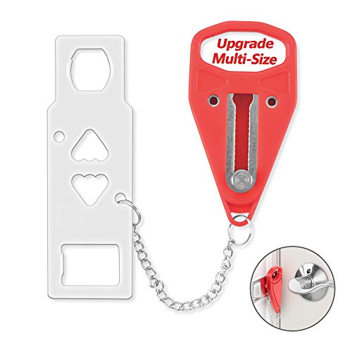 Compact AceMining portable door lock in stainless steel with red handle, offering enhanced security and privacy for travelers or home use.