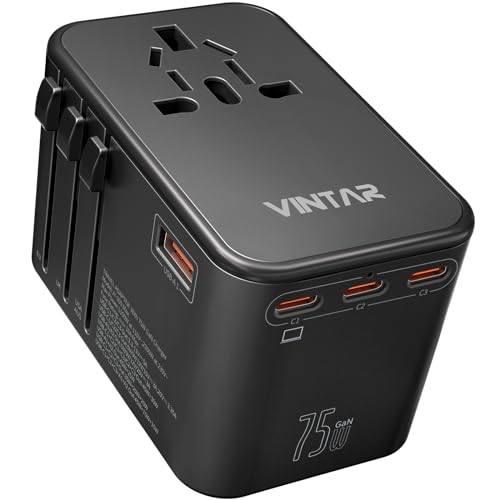 VINTAR 75W GaN Universal Travel Adapter with 5 USB ports, including USB-C PD and USB-A QC, suitable for worldwide use. Compact design fits into various international plugs for efficient charging of multiple devices.