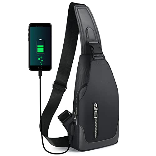 Black sling backpack with USB charging port, crossbody design, and multiple compartments, perfect for hiking, cycling, and daily travel