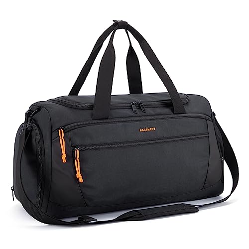 31L Gym Duffel Bag in black with multiple compartments, including a vented shoe compartment and waterproof pocket. Ideal for travel, workouts, and sports.