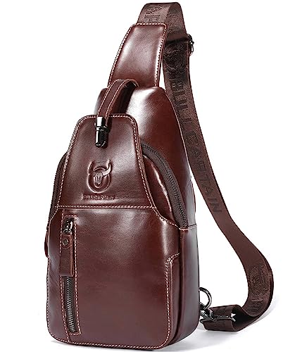 BULLCAPTAIN Genuine Leather Sling Bag in Coffee color featuring an external USB charging port, multiple pockets including a phone pocket