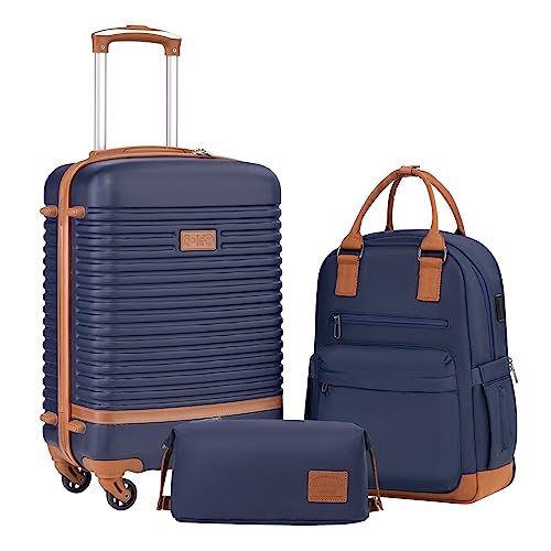 Coolife 3-Piece Luggage Set in navy, featuring lightweight ABS hardshell construction, TSA-approved lock, and multi-directional spinner wheels