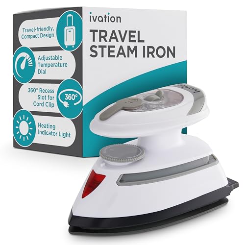 Compact Ivation Travel Steam Iron – 970W mini dual voltage steamer with nonstick soleplate, rapid heating, and 180° rotatable design for effective wrinkle removal at home or on the go