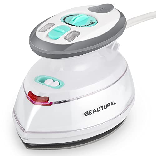 BEAUTURAL Mini Travel Steam Iron with leaf-shaped soleplate, dual voltage, and compact design, ideal for travel and detailed sewing