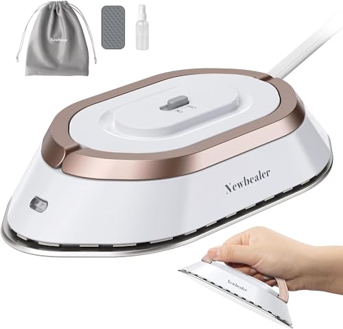 Newbealer Travel Iron with dual voltage feature, non-stick ceramic soleplate, and compact design. Includes travel pouch, water spray bottle, and silicone rest, ideal for quilting, sewing, and travel