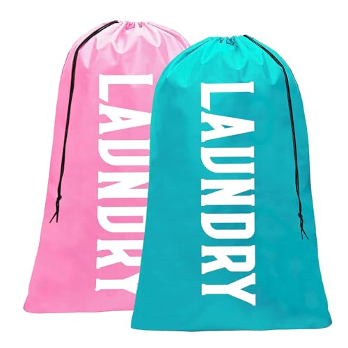 "Fiodrmy Extra-Large Laundry Bags in Pink and Blue, measuring 24" x 36". These durable, machine washable bags feature rip-stop nylon material