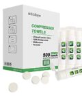 500-count compressed towels ideal for camping, hiking, and travel, showcasing their compact packaging and expanded size for versatile use