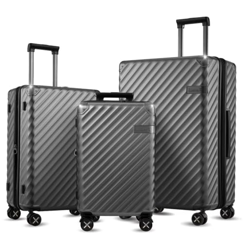 Polycarbonate expandable hard shell luggage set in black, featuring 3 pieces with spinner wheels and reinforced corner protection