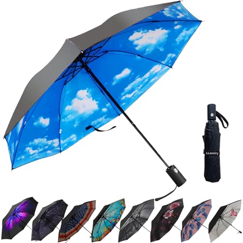 Compact windproof travel umbrella with reinforced ribs and waterproof canopy in a stylish high-clouds design. 