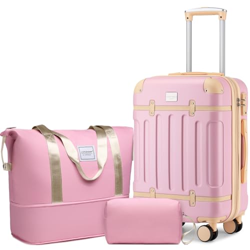 Elegant pink LARVENDER 3-piece luggage set with expandable 20-inch carry-on, weekender bag, and toiletry case, featuring TSA lock and 360° silent spinner wheels